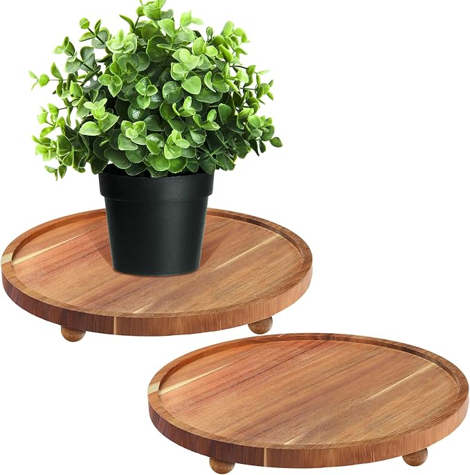 Sieral 2 Pieces Wooden Plant Riser Stands Wood Pedestal Round Acacia Wood Soap Stand Farmhouse Wooden Plant Tray for Indoor Outdoor Home, Garden Patio Decorative, 9.8 Inch Diameter