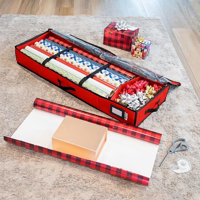 HOLDN’ STORAGE Premium Wrapping Paper Storage Container - Durable 600D Tear-Proof, Fits 27 Rolls Gift Wrap, Extra Pockets for Ribbons & Bows, Underbed Storage - Ideal for Holiday Christmas, Red
