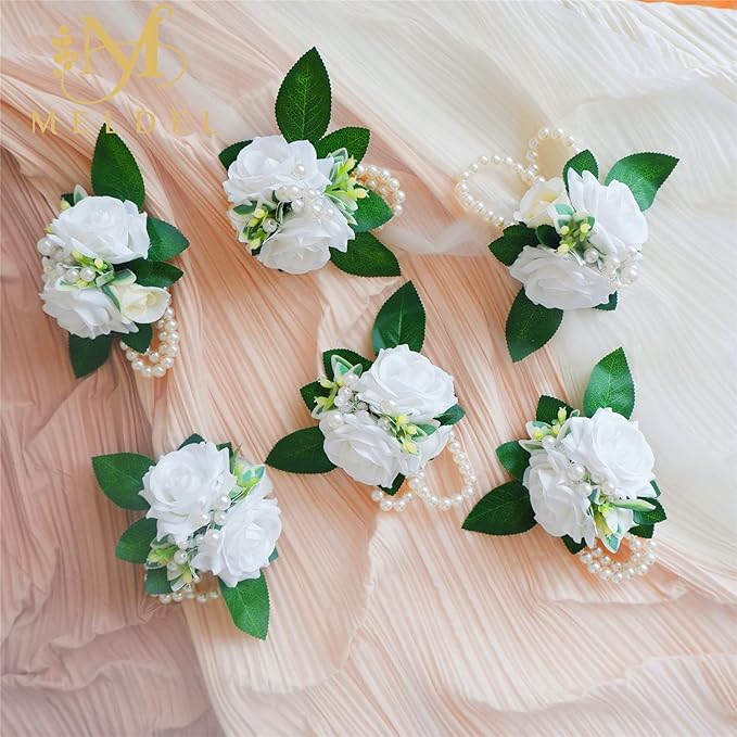 Meldel White Ivory Rose Prom Wrist Corsage for Wedding, Set of 6, Bridesmaid Bridal Hand Flowers Corsage for Prom, Wrist Flower for Wedding Ceremony Anniversary, Dinner Party, Rustic Vintage Wedding
