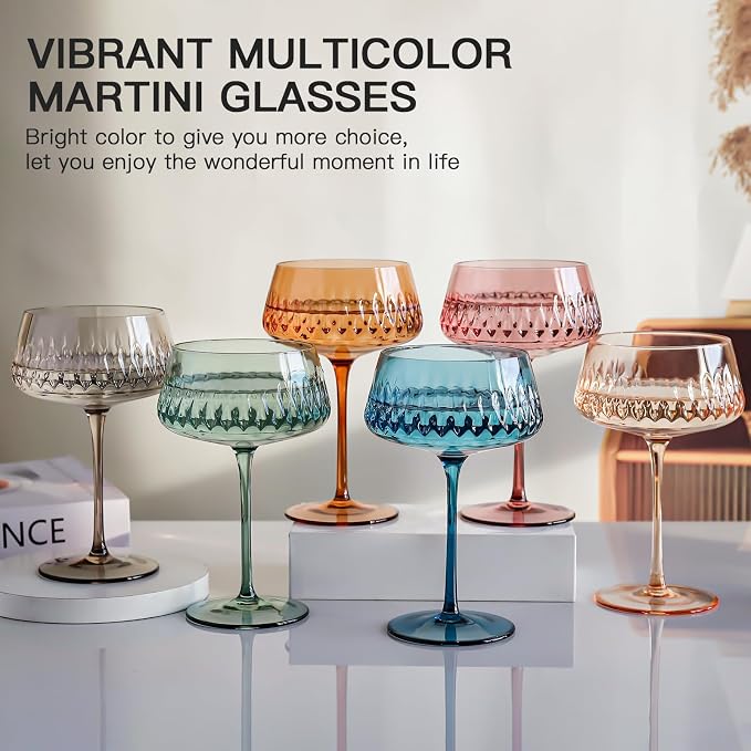 JOVGANK Colored Martini Set of 6, Hand Blown Colorful Cocktail Glasses 14Oz, Vintage Champagne Coupe, Large Margarita, Crystal Retro Style Bar Drinking, Multicolor