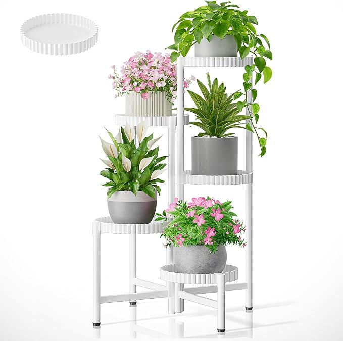 5 Tier Large Plant Stand Indoor with 7.9 Inch Wide Tray, Tiered Corner Metal Outdoor Flower Display Holder Shelf, Folding Tall Rack for Patio Porch Living Room Balcony - WhiteFloroma