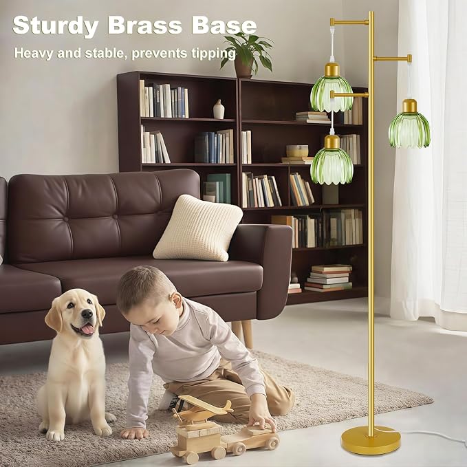 Tree Floor Lamp with 3 Light Bulbs, Vintage 3 Heads Flower Floor Lamp, Tall Gold Vintage Lamps with Brass Base Foot Switch, Boho Standing Lamps for Living Room with Green Glass Flower Shades