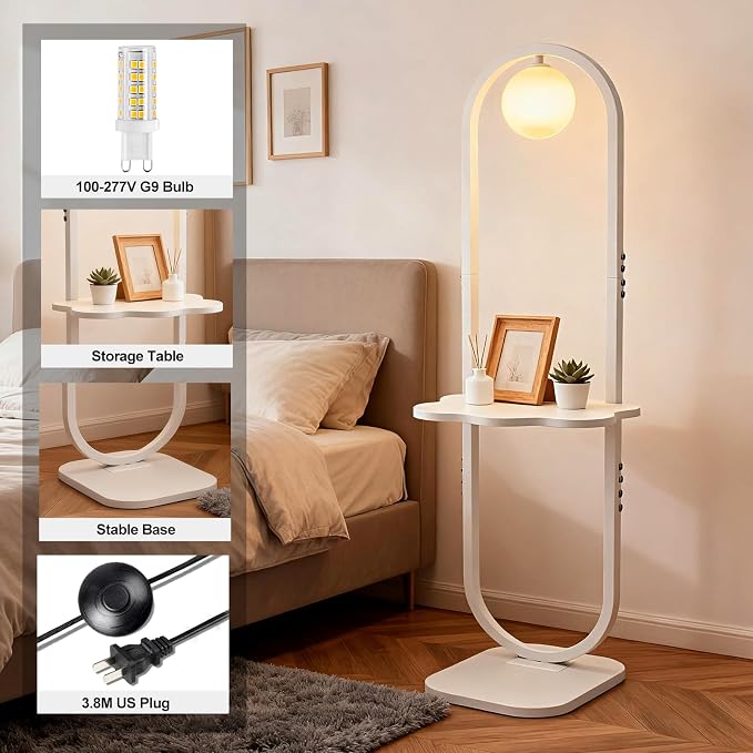 Lightdot 47-Inch Arch Floor Lamp, Modern Standing Lamp with Table, White Metal Frame with Globe Shade, Living Room Bedroom Lighting, G9 LED Bulb Included for Sofa Beside/Corner Decor