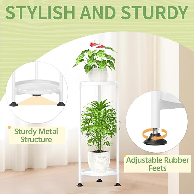 KMOTASUO 2 Tier Plant Stand Indoor for Large Tall Heavy Duty Planter, Multiple Sturdy Metal Flower Corner Rack for Narrow House Floor, Iron Vertical Level Round Orchi Holder Organizer, White