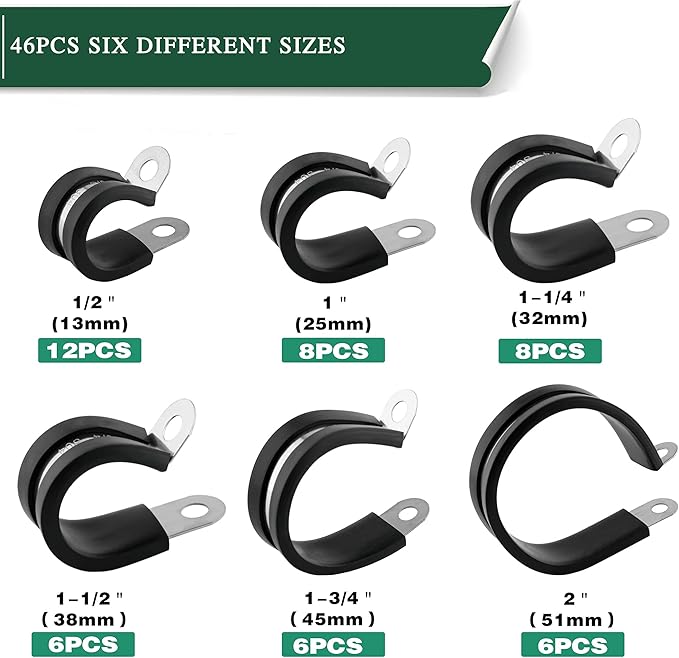 OURU 46PCS Cable Clamps Assortment Kit,Stainless Steel Rubber Coated Cushioned Insulated Cable Clamp,Automotive Wire Clamps,Pipe Clamps,Metal Clamp in 6 Sizes—1/2'' 1'' 1-1/4'' 1-1/2'' 1-3/4'' 2''