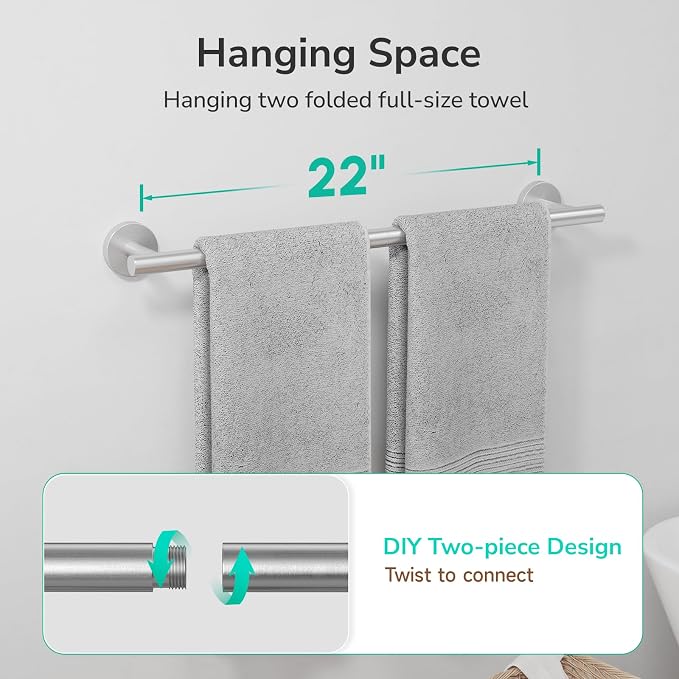 USHOWER Brushed Nickel Towel Bar, 22-Inch Towel Rack for Bathroom Wall Mounted, Thicken SUS304 Stainless Steel Towel Rod Modern Home Decor (Total Length 24-Inch)