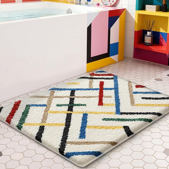 LUMI Bathroom Rugs with Colorful Line, Soft Absorbent Bath Mat for Modern Home Decor, Non-Slip Quick-Dry Bath Rug, Machine Washable Floor Mat for Shower and Tub, Entryway, 16"x24", Colored Line