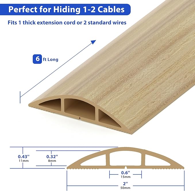 Floor Cord Cover 6ft, Maple Wood Cord Hider Floor Hide Extension Cords, Floor Cable Management Floor Cable Cover Wire Covers for Cords, Cable Protector Cord Cavity W0.6in x H0.32in