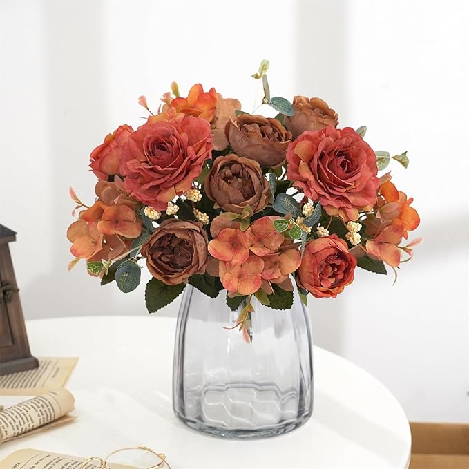 2 Packs Fall Orange Flowers Artificial for Decoration, Fake Peony Silk Rose Flowers Hydrangea Bouquet Fall Floral Arrangement for Table Centerpieces Home Living Room Decor (2, Fall Orange)