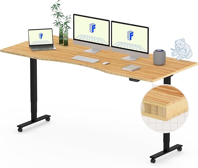 FLEXISPOT E6 MAX Bamboo Dual Motor 3 Stages Standing Desk 72x30 Inch Whole-Piece Board Electric Height Adjustable Stand Up Desk 150KG Load Capacity(Black Frame + Bamboo Curved Desktop)