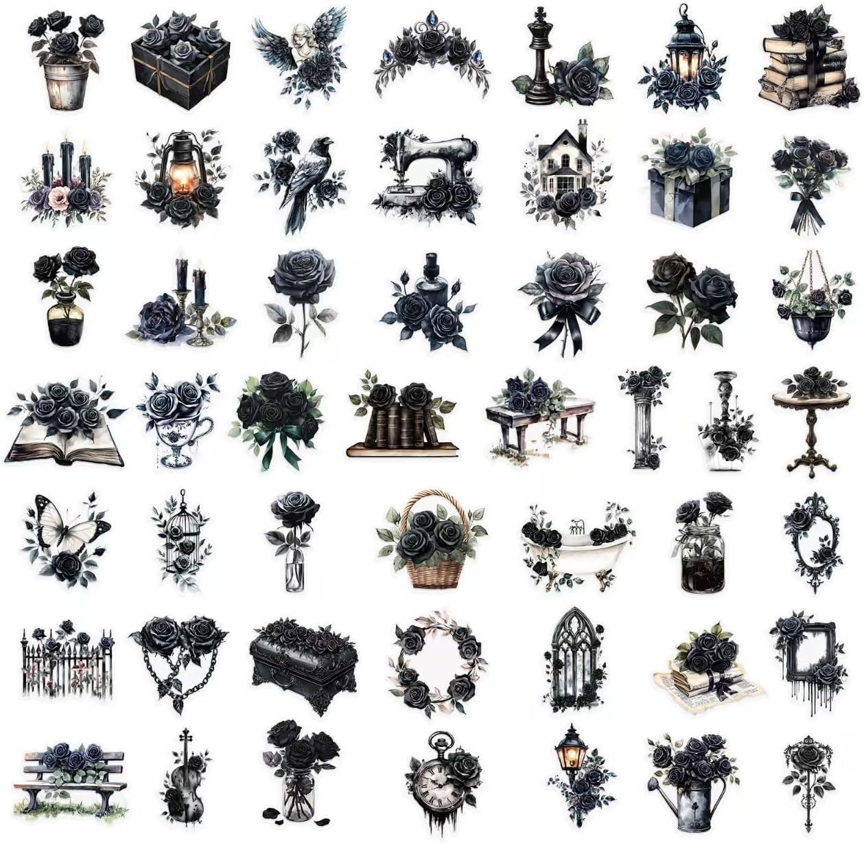 Skiennix Gothic Transparent Stickers - 50 Pcs Black Rose Flower Pack for Scrapbooking & Journaling
