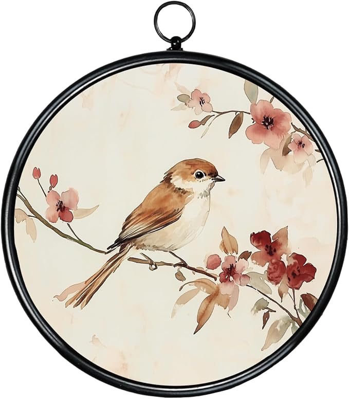 XIAOAIKA Round Vintage Wall Hanging Decor, Printed Textured Surface with Wood Back, Bird Design, Black Metal Frame, Ready to Hang for Living Room Bedroom, 10 Inch
