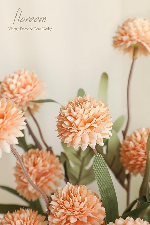 Floroom 6pcs Apricot Peach Faux Silk Mums Artificial Flowers, Bulk Fake Small Mini Chrysanthemums with Stems for DIY Wedding Centerpieces Floral Arrangements Vase Fillers Home Decorations