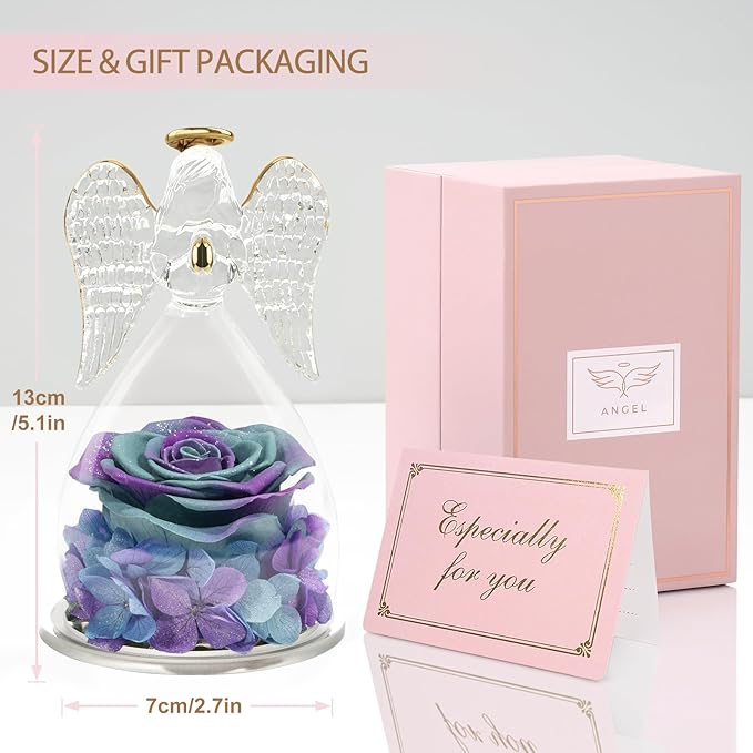 Yamonic Valentines Day Gifts for Her, Angel Figurines with Real Rose Gifts for Her Mom Grandma, Preserved Flowers Rose Angel Figurines for Mothers Day Christmas Anniversary Birthday Gifts for Her