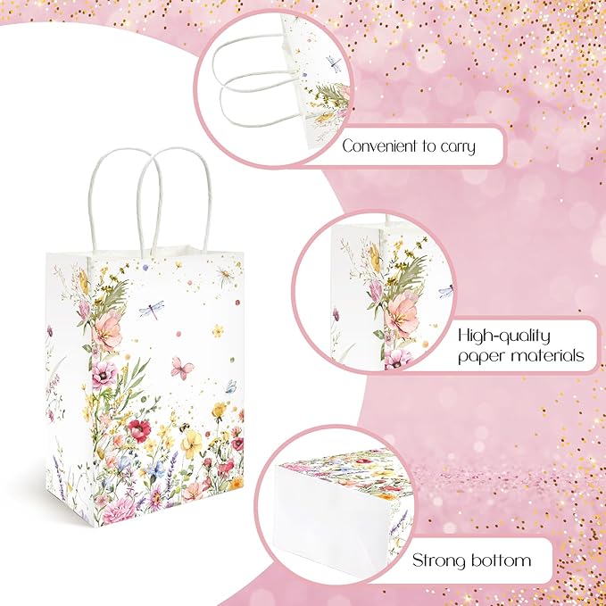 Lofaris 16PCS Wildflower Gift Bags - Floral Paper Bag with Handles, Small Wedding Party Favor Bag, Floral Gift Bags for Baby Shower, Bridal Shower, Birthday