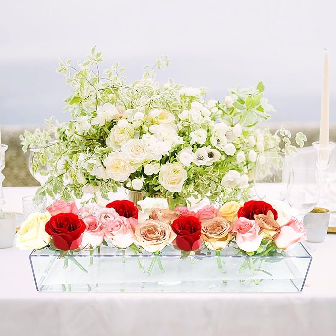 4 Pack Clear Acrylic Flower Vase Centerpiece for Dining Table,63.2 Inch Rectangular Floral Low Vases with 64 Holes for Dining Table Modern Flower Arrangement for Home Decor or Weddings