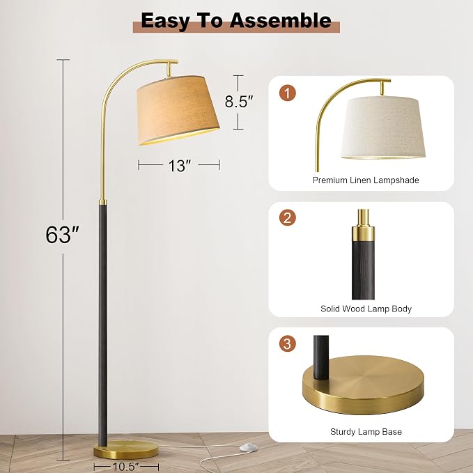 G-SAFAVA 63" Wood Floor Lamps for Living Room with Foot Switch Arc Tall Standing Lamp for Bedroom Mid Century Modern Corner Gold Floor Lamps for Office Nursery Industrial Reading Lamp, Wood Black