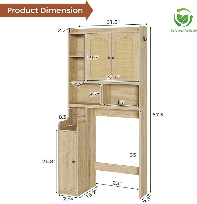 Itaar Over The Toilet Storage Cabinet, Farmhouse Rattan Bathroom Cabinet, Over Toilet Bathroom Organizer with Rattan Barn Doors & Toilet Paper Holder Stand, for Restroom, Laundry, Rattan Oak