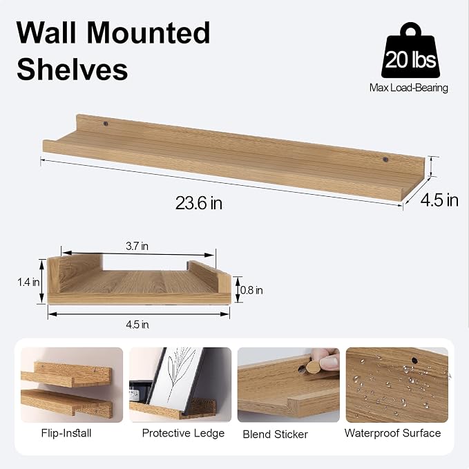 Floating Shelves for Wall Decor, Long Wall Mounted Storage Shelf for Bedroom, Living Room, Bathroom, Kitchen, Nursery, Display Picture Ledge Shelf with Lip Set of 2-24 Inches, Oak