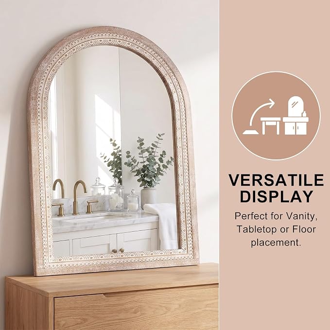 24 * 32 inch Arched Wall Mounted Mirror, Wood Decorative Mirrors, Boho Mirrors with Beaded Frame, Rustic Vanity Mirror, Distressed Mirror for Bathroom, Living Room, Bedroom, Entryway