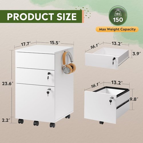 DEVAISE Mobile File Cabinet - 3 Drawer Rolling Storage with Lock | White Wood for Home Office, Fits Letter/Legal/A4 Size