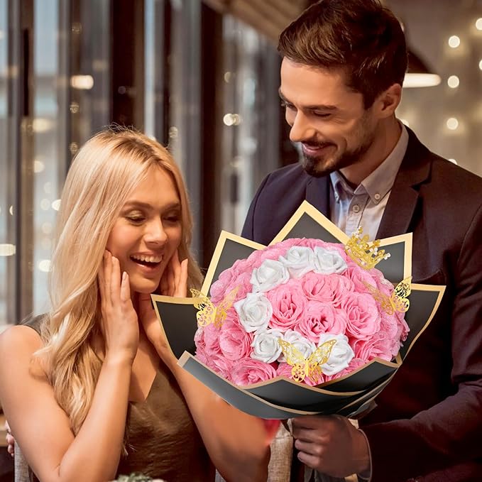 36+20 Glitter Roses Bouquet, DIY Fake Flowers Bouquet, Craft the Initials of Your Loves' Name with Artificial Rose Bouquet for Valentines, Anniversary, Wedding, Mothers Day Gifts, Pink & White