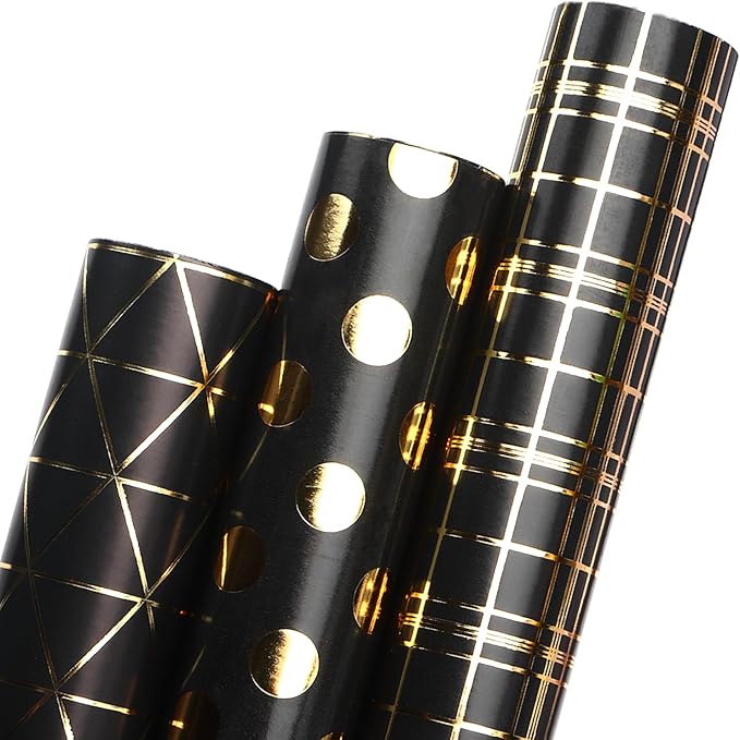 Ribbli Birthday Wrapping Paper Black and Gold Gift Wrap for Father's Day Men Husband Boyfriend Mini Roll, 3 Rolls Geometry Pattern - 17 inch x 120 inch(10feet) Per Roll
