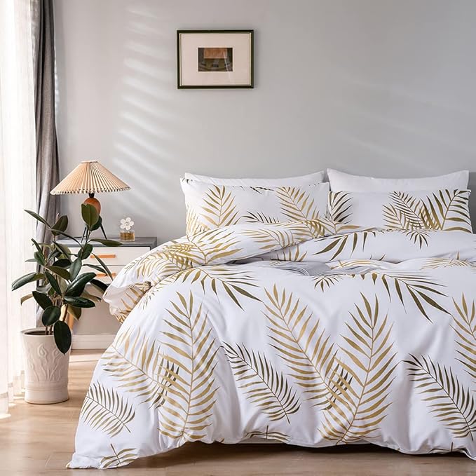 Nayoroom Gold Leaf Duvet Cover King Size Tropical Botanical Leaves Printed on White Bedding Set Soft Lightweight Microfiber Garden Farmhouse Comforter Covers with Zipper Closure Corner Ties