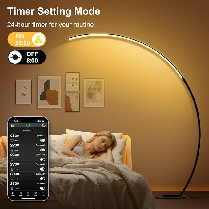 RGB Floor Lamp with 3 Color Temperatures, Ultra Bright 1800LM Smart Arc LED Floor Lamp with Remote Control, Music Sync, Scene Modes, Modern Standing Tall Lamp for Bedroom Living Room Gaming Rooms