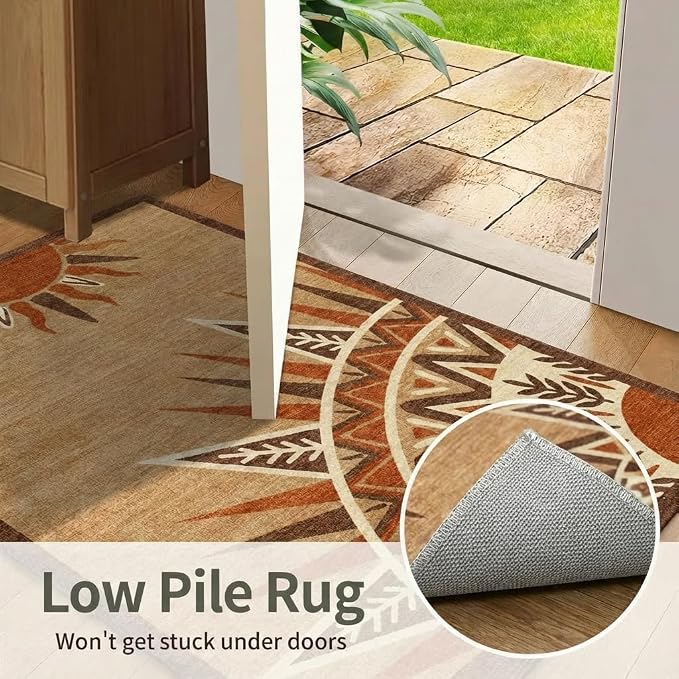 5x7 Bohemian Sun Totem Area Rug - Non-Slip Washable Low Pile, Warm Sand Brown with Deep Rust & Cream Pattern Carpet for Bedroom, Living Room, Dining Area, Home Office