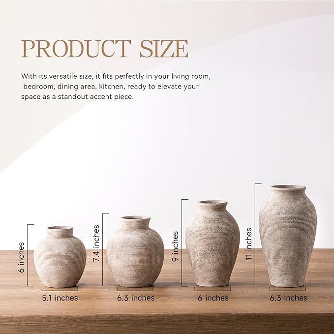 Ceramic Flower Vase Home Decor - Farmhouse Table Vases Rustic Vintage Living Room Kitchen Bedroom Decorations for House Book Shelf Office Coffee Desk Dining Fireplace (7.4" Retro)