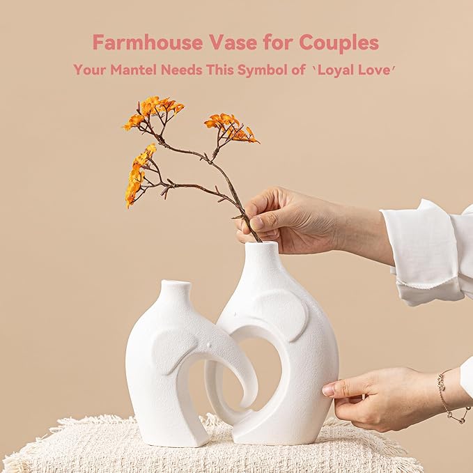 Elephant Couple Vase Set - 2-Piece White Ceramic Vases with Heart-Shaped Trunk Design, Romantic Gifts for Couples, Wedding Gift for Couple, Decorative Vase for Living Room/Dresser