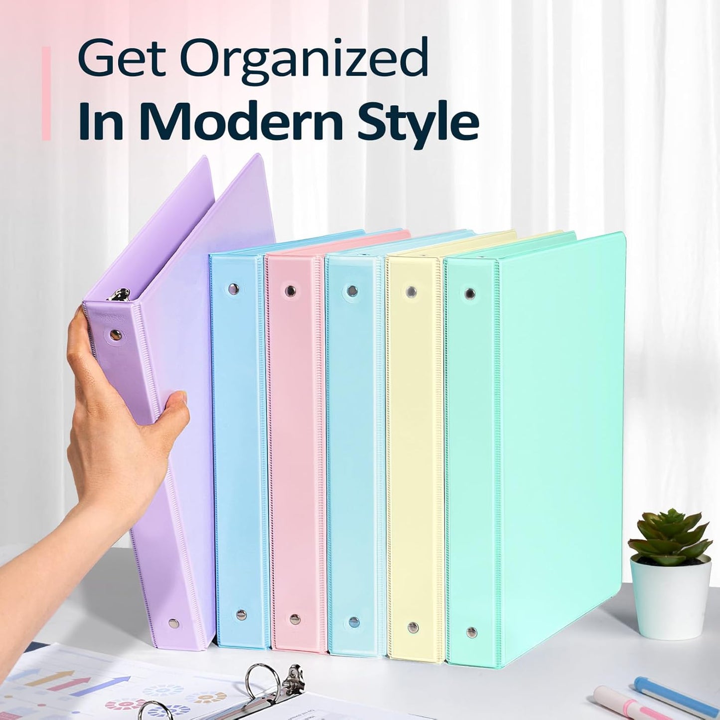 Sooez 1” Three Ring Binder - Eco-Friendly & PVC Free with Customizable Clear View Cover | 4 Pack, Pastel Colors for School & Office