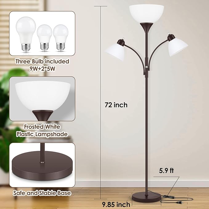 Coucrek Floor Lamp for Living Room,72" Dimmable Torchiere Lamp with 2 Reading Lights for Bedroom, Brown Tall Standing Room Lamp, 3 Bulbs Included