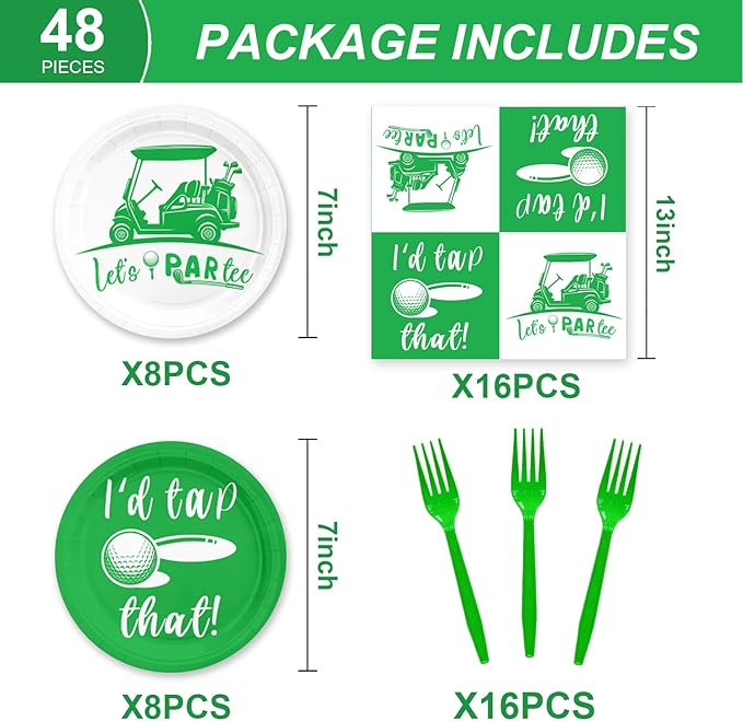 48PCS Golf Theme Party Decorations Plates and Napkins Forks Dessert Plates for Boys Men Serve 16 Guests