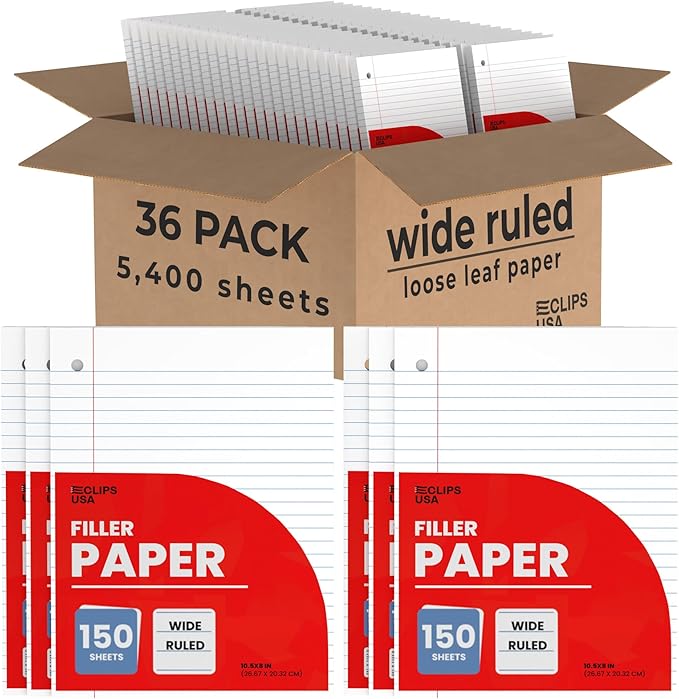 Wide Ruled Loose Leaf Paper Wide Ruled Notebook Paper Lined Writing Filler Paper 10.5” x 8” 56 gsm 4500 Sheets 150 Sheet Per Pack (36 Pack)
