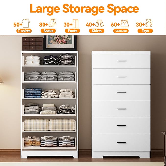 48" Tall Dresser for Bedroom Chest of Drawers with Power Outlets Wood 6 Drawers Dresser with Large Storage Space and Metal Handles Modern Closet Storage Drawer for Living Room Hallway White