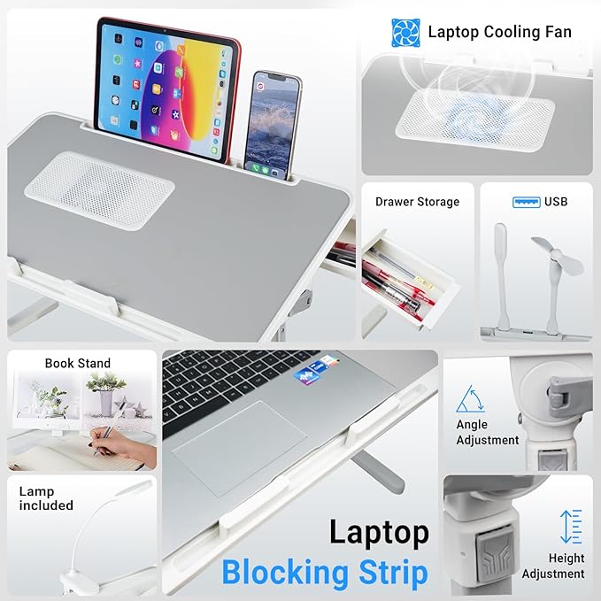iXTRA Laptop Lap Desk with Cooling Fan - Adjustable with Light, USB, Storage Drawer - Folding Bed Desk,23.62"*15.74",Grey