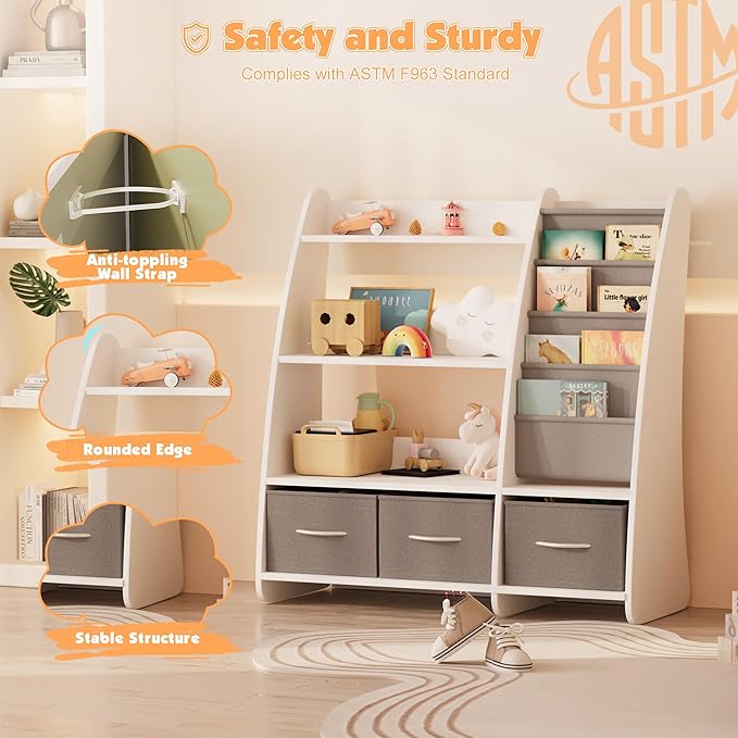 NACHES Kids Bookshelf and Toy Storage Organizer, Montessori Nursery Book Shelves with Sling Rack & Fabric Toy Bins, Toddler Baby Bookcase, Wooden Toy Shelf for Kids Room, Playroom, Sail-White