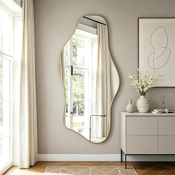 Large Irregular Mirror, 63"x30" Asymmetrical Tempered Glass Mirror Full Length, Gold Organic Frameless Wall Mirrors for Entryway Hallway Bedroom Living Room, Horizontal or Vertical Hanging