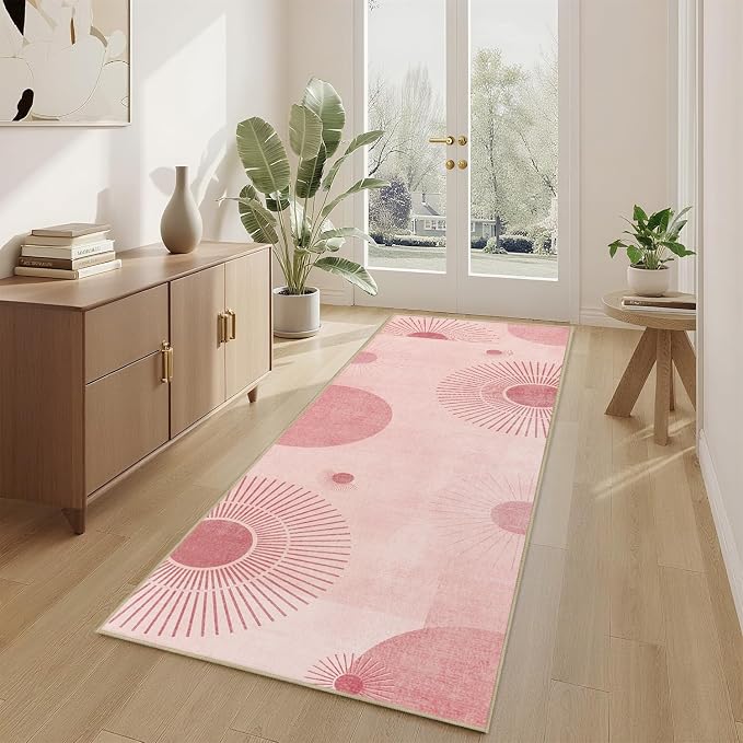 Sun Runner Rug 2x6 for Hallway Kitchen Bedroom,Mid Century Modern Runner Rugs Washable Boho Geometric Rug Non-Slip Printed Low Pile Long Floor Carpet Mat for Bedroom Laundry,Pink