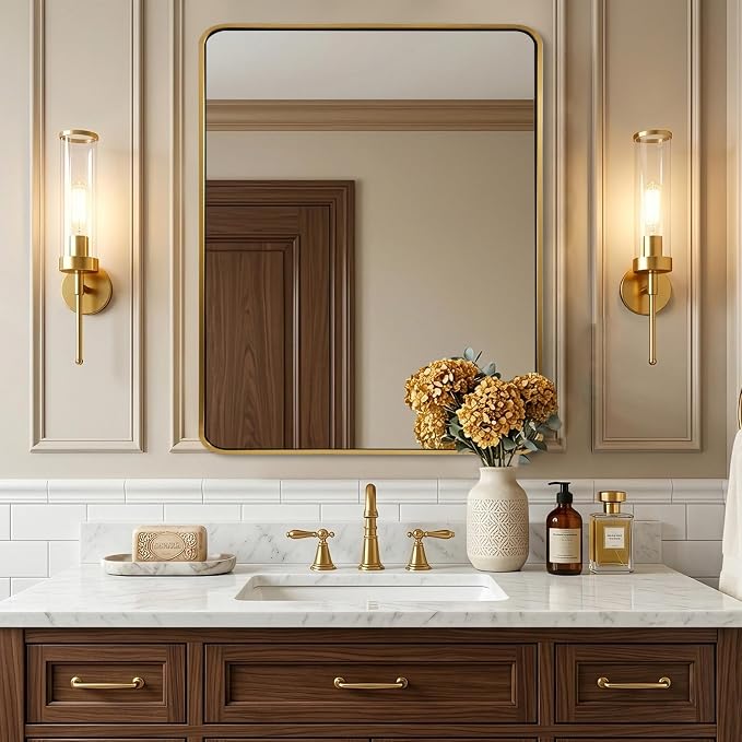 ANDY STAR 24x30’’ Gold Bathroom Mirror, Brushed Brass Mirror, Rounded Rectangle Mirrors for Bathroom Sink, Rustproof Tube Metal Framed, 1’’ Deep Wall Mounted Vertical/Horizontal