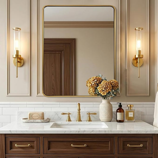 ANDY STAR 24x30’’ Gold Bathroom Mirror, Brushed Brass Mirror, Rounded Rectangle Mirrors for Bathroom Sink, Rustproof Tube Metal Framed, 1’’ Deep Wall Mounted Vertical/Horizontal