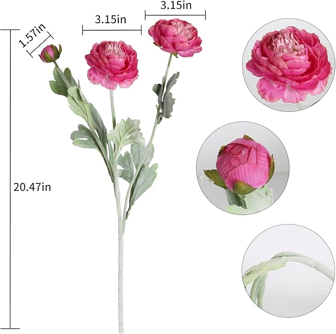 IPOPU Hot Pink Flowers Fake Peonies Artificial Ranunculus Flowers 6pcs 18Heads Hot Pink Silk Flowers 20.47" for Faux Floral Arrangements Wedding Bouquets Home Table Decor
