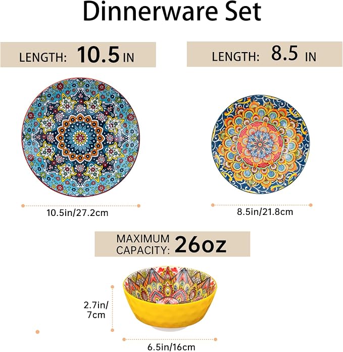 18 Pieces Dinnerware Sets, Porcelain Dishes Set for 6, Microwave and Dishwasher Safe, Scratch Resistant, Bohemian Style Plates and Bowls Set, Service for 6