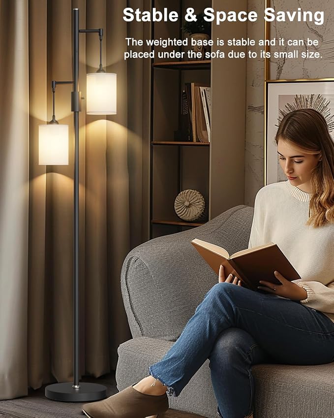 Lightdot 65IN Black Floor Lamp for Living Room, Industrial 2-Light Tree Floor Lamps with Linen Shade, Modern Standing Tall Lamp with 5Lbs Heavy Base for Bedroom/Sofa Beside/Corner Decor(Bulb Included)