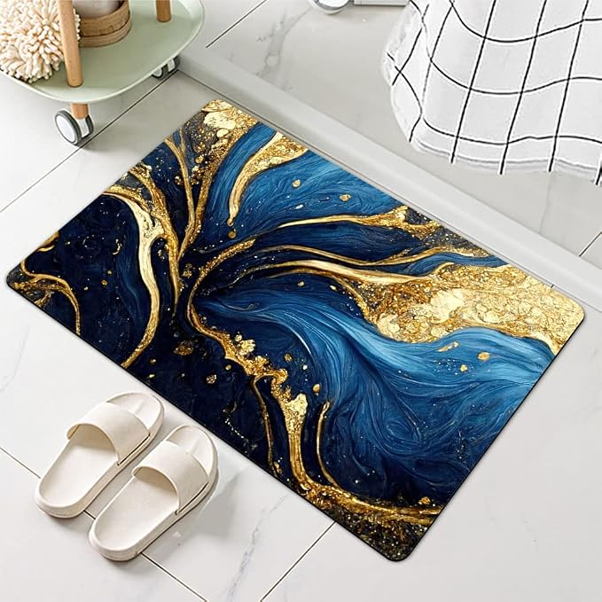 Diatomaceous Earth Bath Mat,Blue and Gold Marble Texture Non-Slip Volume Super Absorbent Fast Drying for Bathroom Kitchen Door mat,Eco-Friendly Easy to Clean 16×24Inch (40 * 60cm)