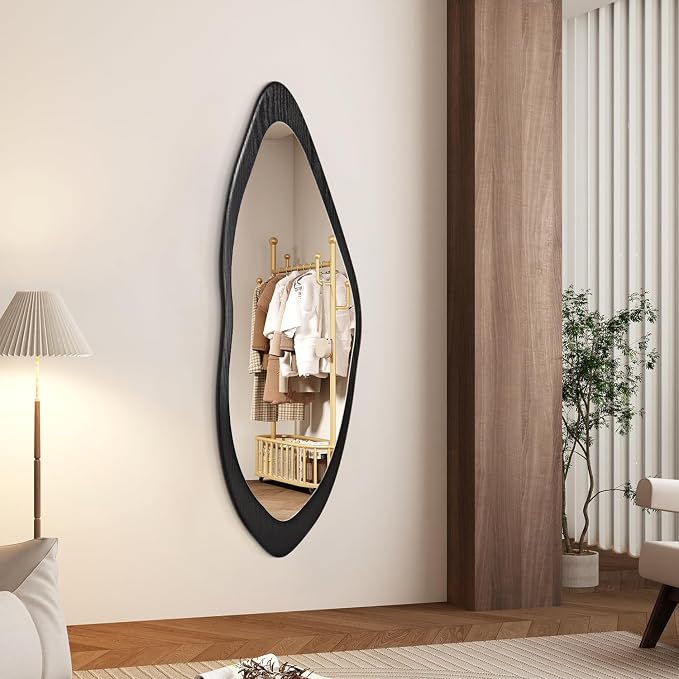 AAZZKANG Irregular Wall Mirror Full Length Large with Wood Framed 47"x16" Black Asymmetrical Full Body Mirrors for Bedroom Living Room Entryway