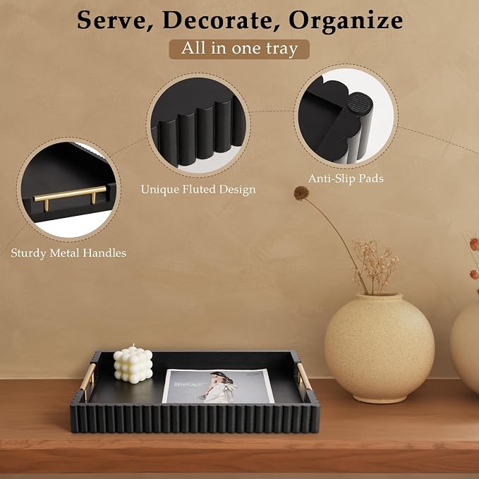 Acacia Wood Decorative Serving Tray with Handles, 16.7" x 12.8" Large Wooden Ottoman Tray for Living Room, Coffee Table Tray Decor for Food, Dinner, Tea or Breakfast in Bed (Black)