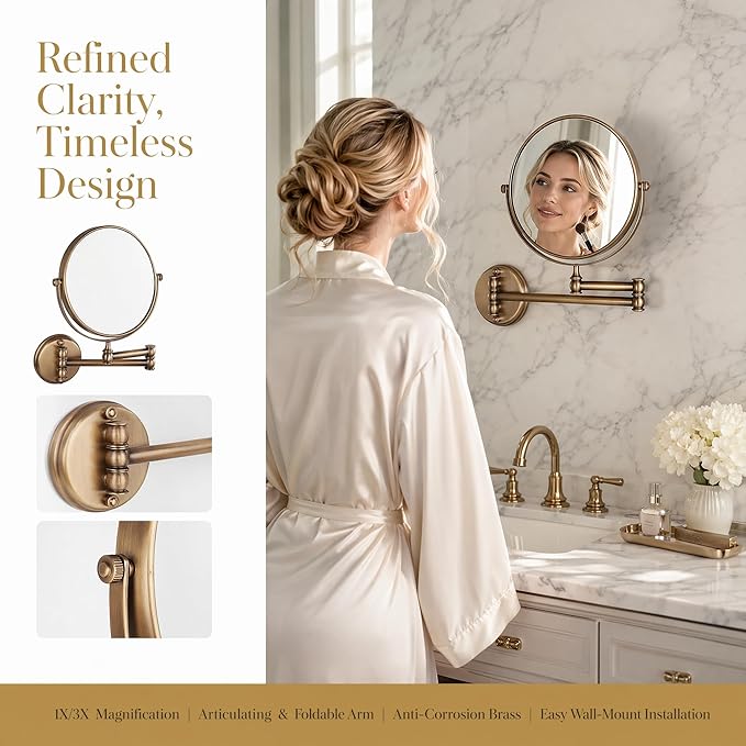 7Trees 8-Inch Retro Bathroom Folding Wall Mount Make-Up Mirror Flip Telescopic Beauty Mirror (Antique Brass)
